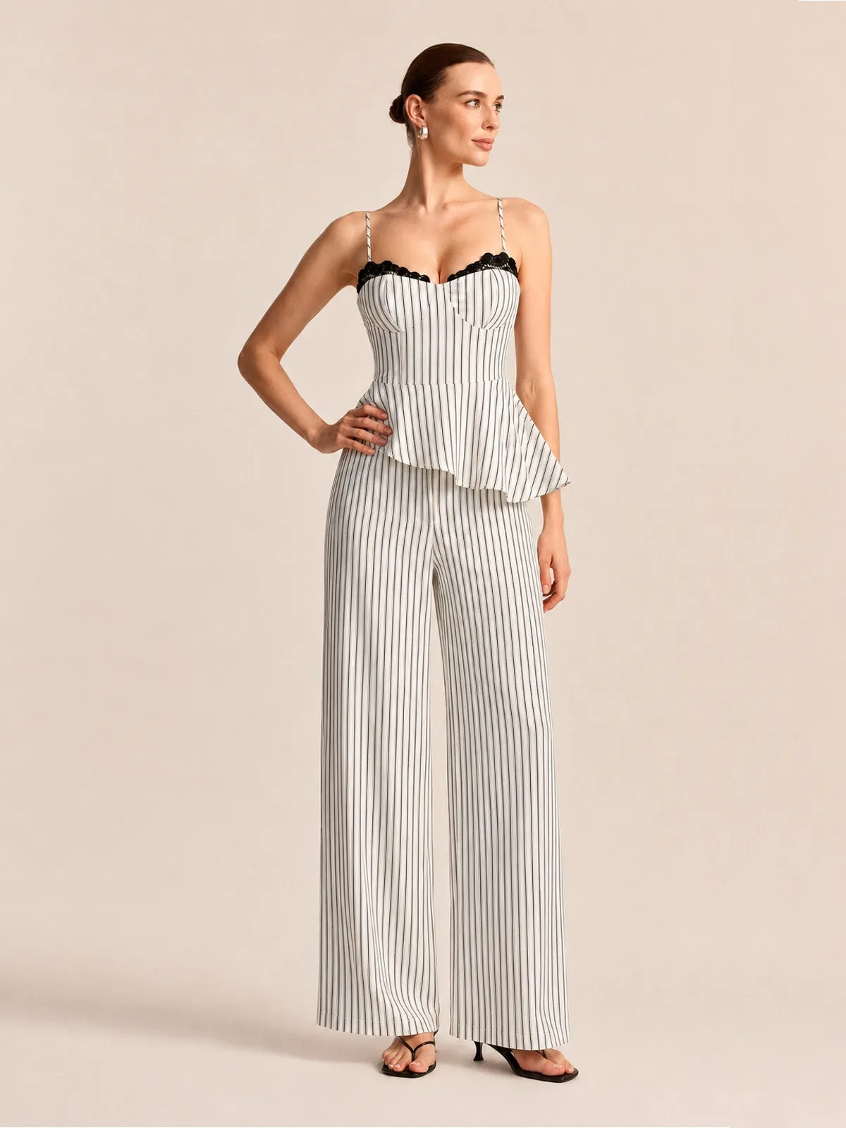 Lace Trim Striped Peplum Top & Pants Set sold by COMMENSE