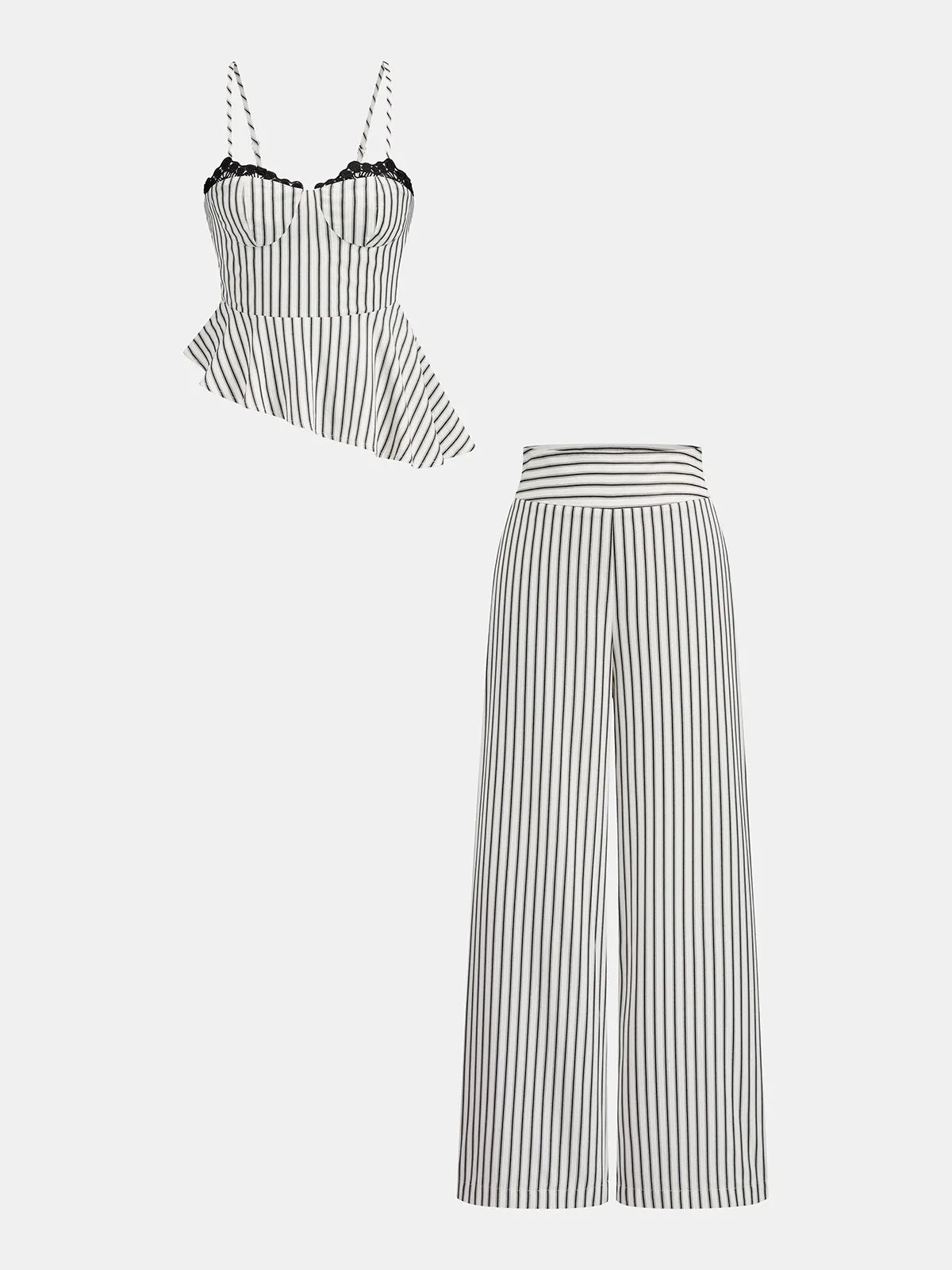 Lace Trim Striped Peplum Top & Pants Set sold by COMMENSE product image thumbnail 2