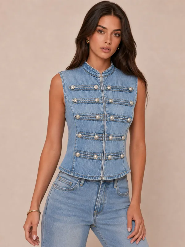 Napoleon Style Double Breasted Denim Vest made by COMMENSE