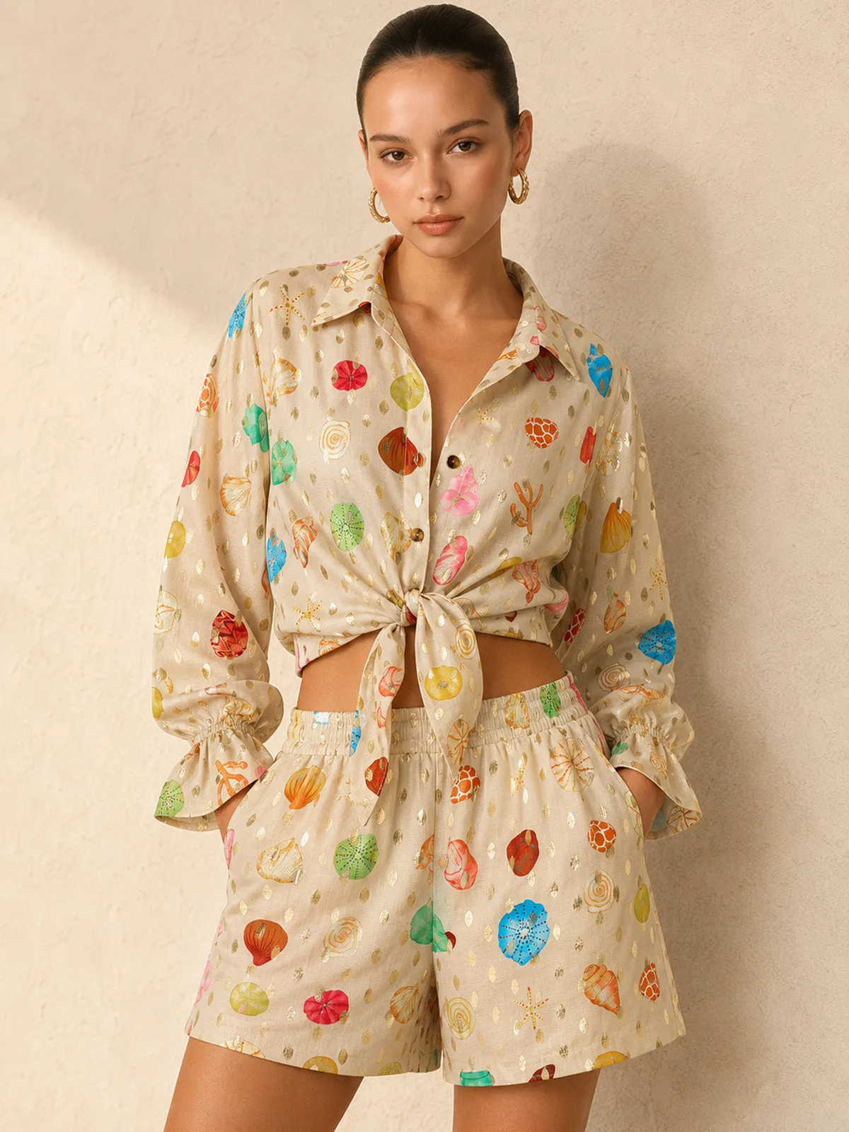 Seashell Print Golden Dot Two Piece Shorts Set sold by COMMENSE