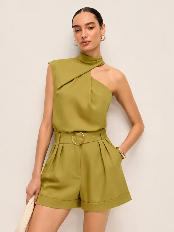 Asymmetric Neck Top & Belted Shorts Set made by COMMENSE
