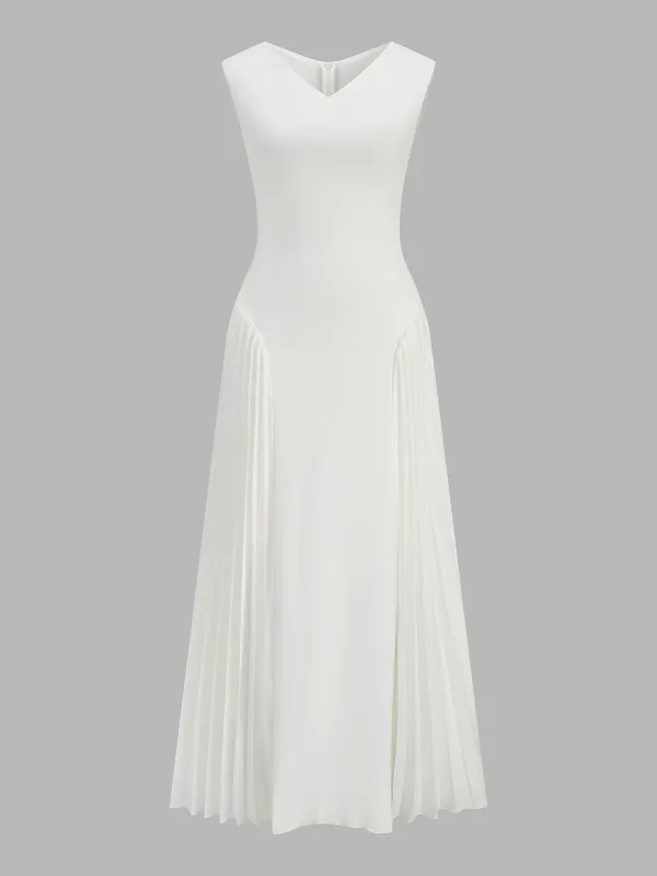 V-Neck Sleeveless Pleated Panel Midi Dress made by COMMENSE