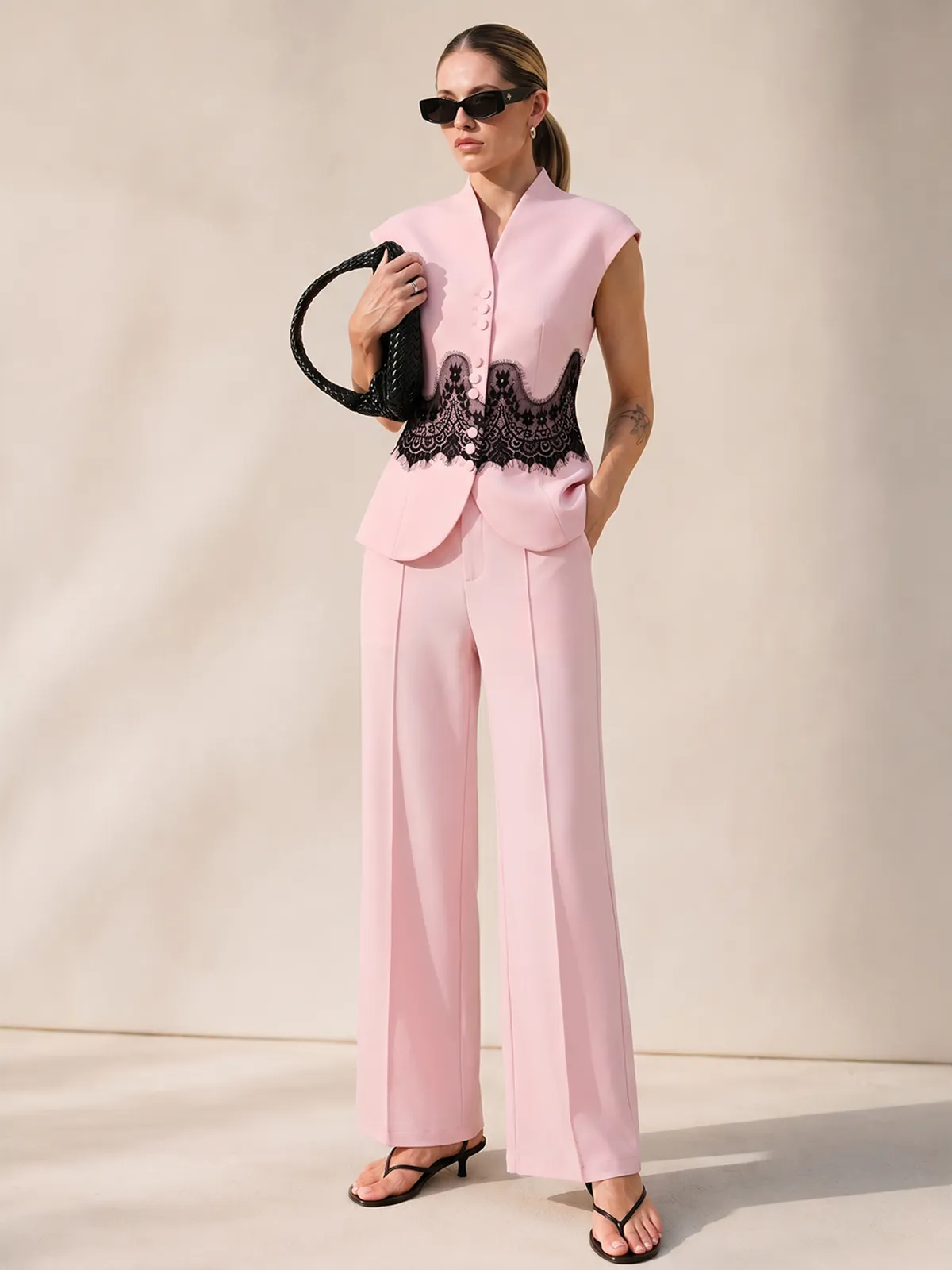 Lace Panel Cap Sleeve Blouse & Pants Set sold by COMMENSE