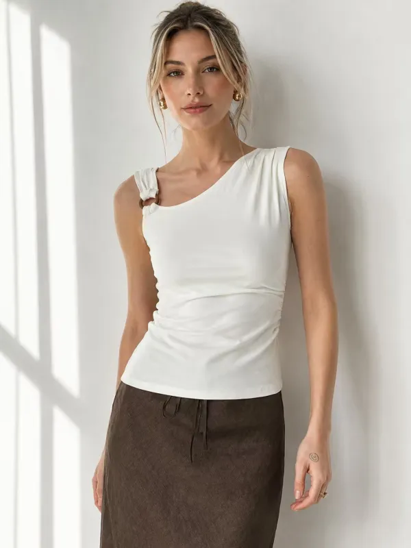 Ring Detail Asymmetric Ruched Tank Top made by COMMENSE