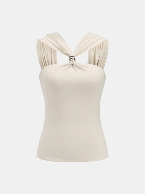 Metal Detail Twist Fitted Tank Top made by COMMENSE