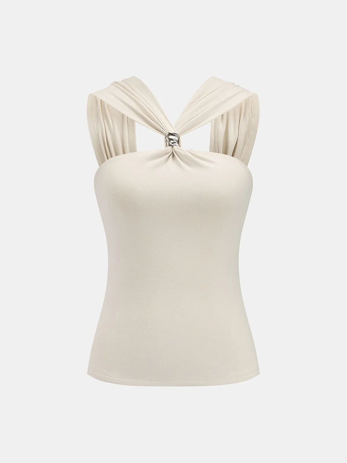Metal Detail Twist Fitted Tank Top sold by COMMENSE