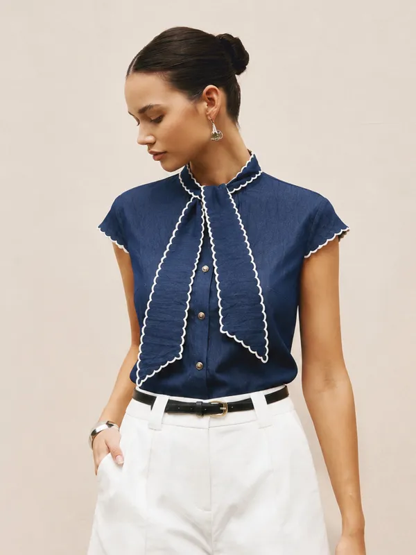 Wave Trim Tie Neck Cap Sleeve Blouse made by COMMENSE