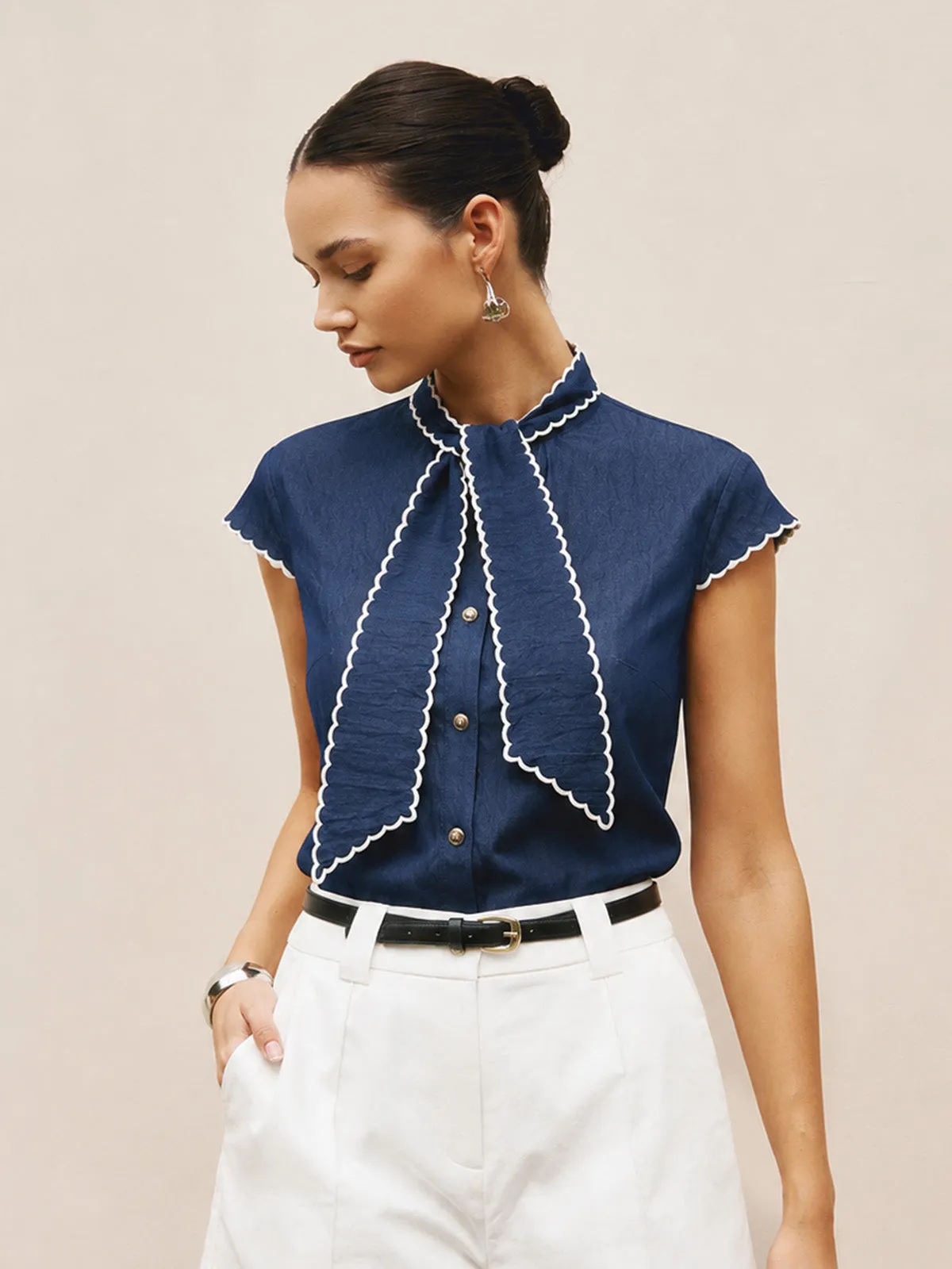 Wave Trim Tie Neck Cap Sleeve Blouse sold by COMMENSE