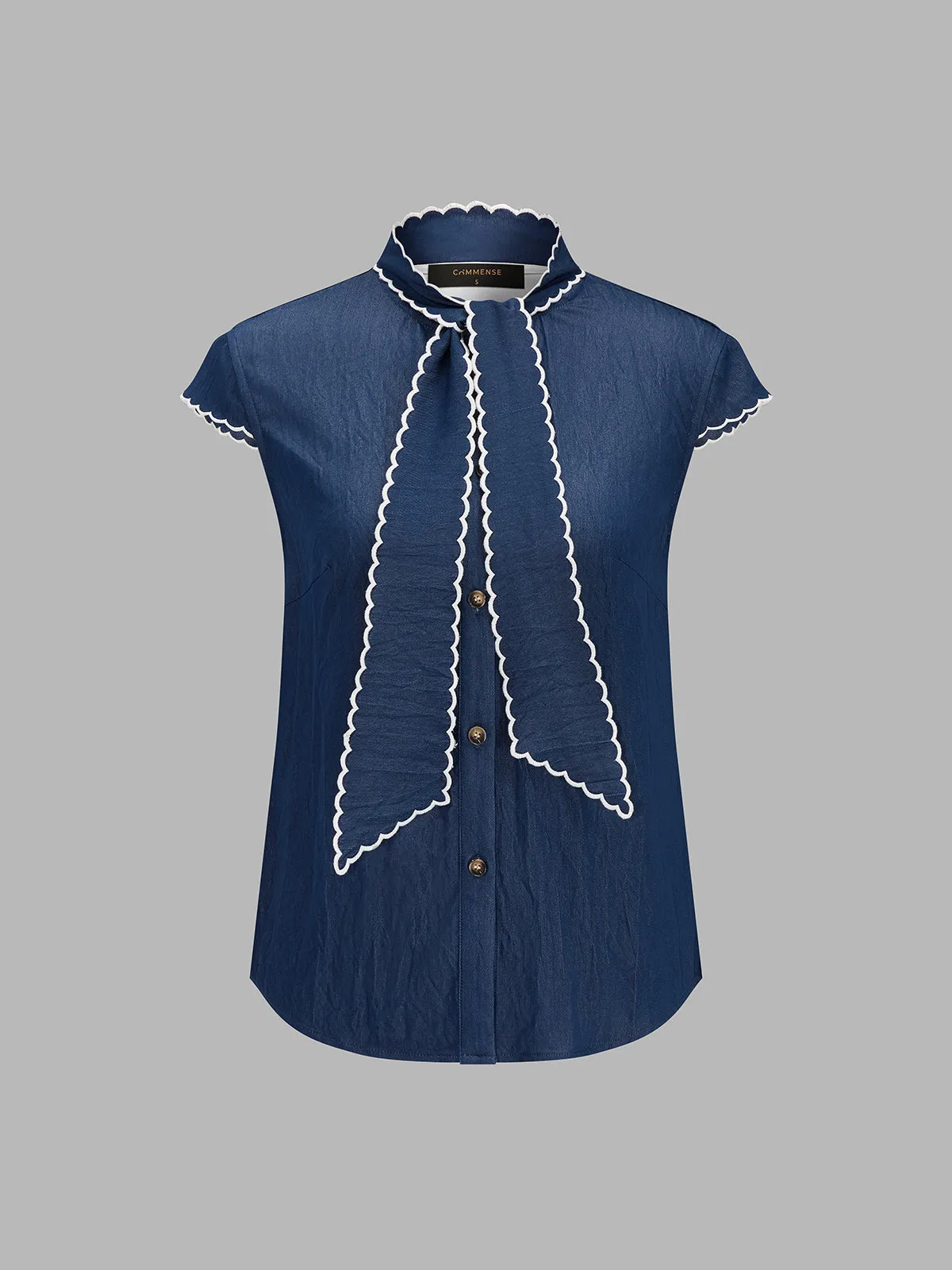 Wave Trim Tie Neck Cap Sleeve Blouse sold by COMMENSE product image thumbnail 2