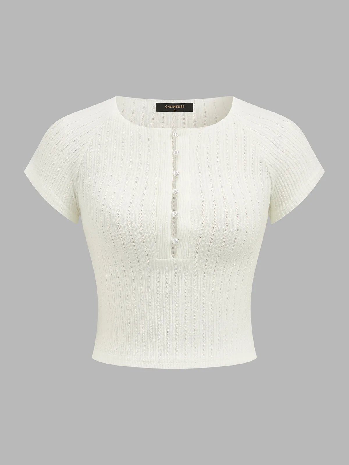 Half Placket Pearl Button Ribbed Crop Top sold by COMMENSE product image thumbnail 2