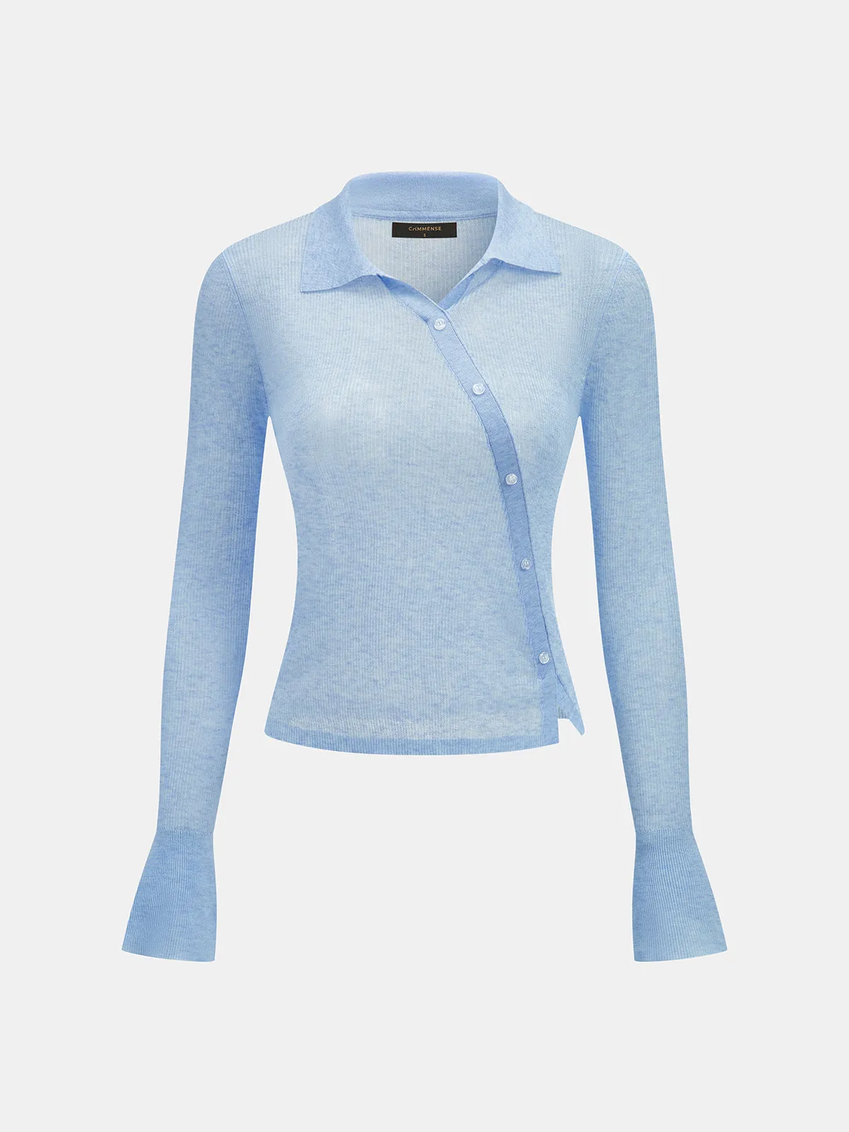 Diagonal Button Collared Sheer Knit Top sold by COMMENSE product image thumbnail 2