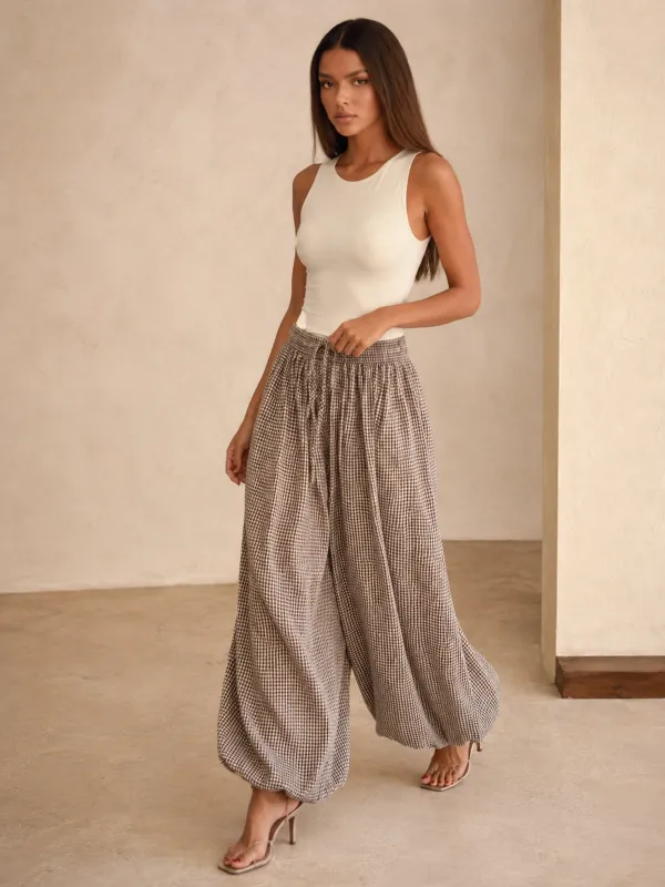 Drawstring Plaid Loose Balloon Pants made by COMMENSE