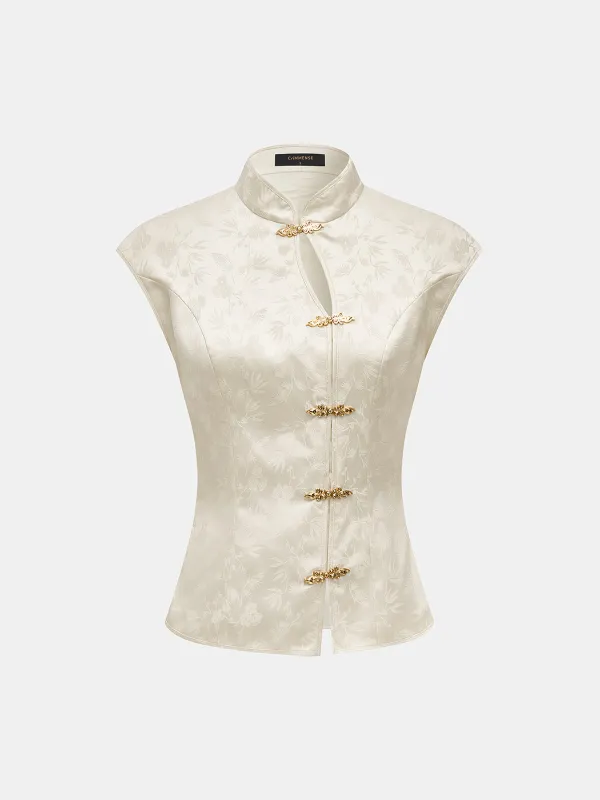 Metal Frog Button Jacquard Sleeveless Vest made by COMMENSE