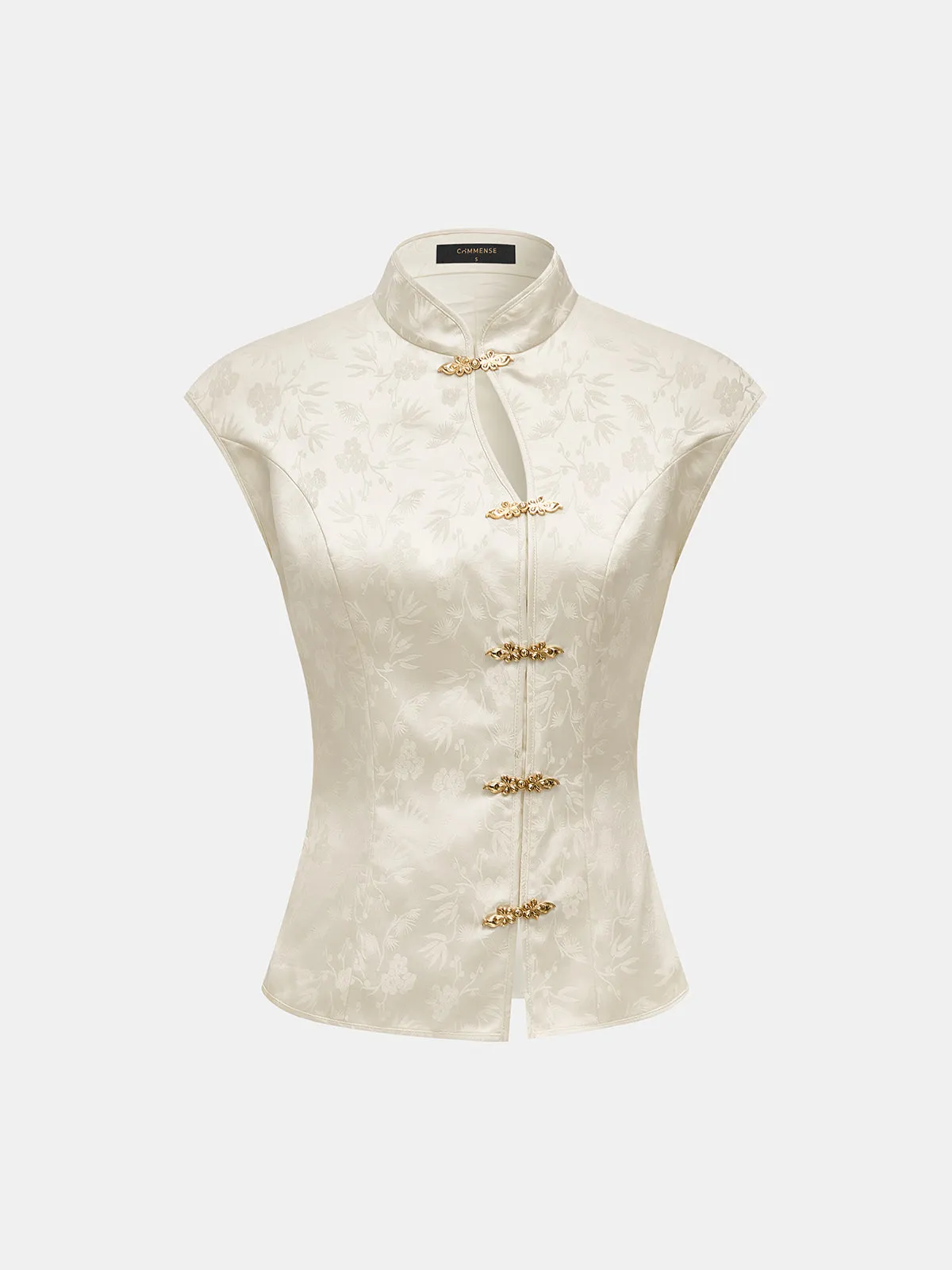 Metal Frog Button Jacquard Sleeveless Vest sold by COMMENSE