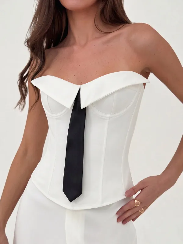 Fold Over Strapless Tie Decor Corset Top made by COMMENSE