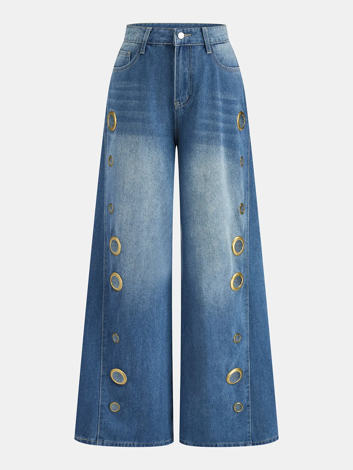 Metal Eyelet Mid Waist Wide Leg Jeans sold by COMMENSE
