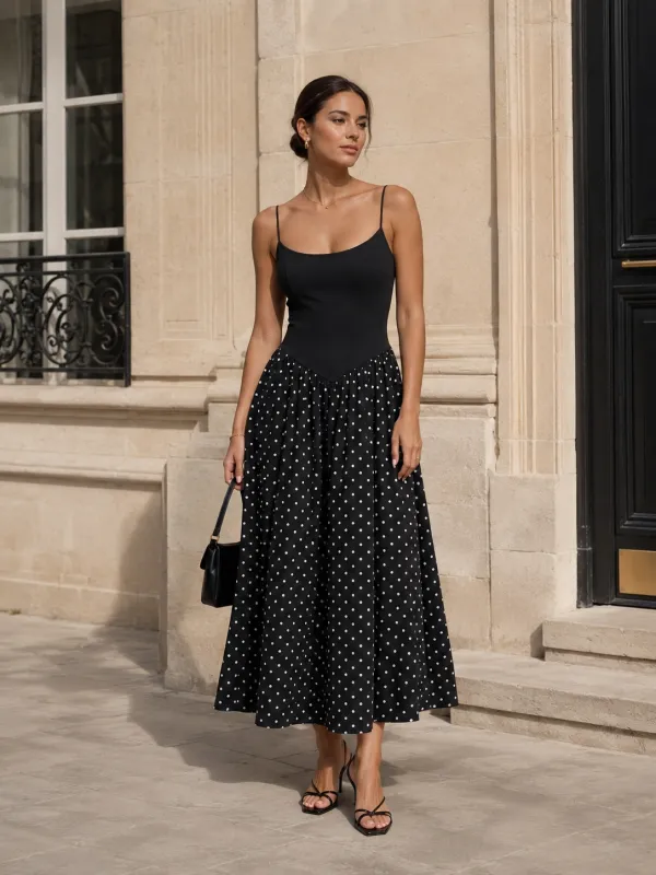 Contrast Bodice Polka Dot Dress made by COMMENSE