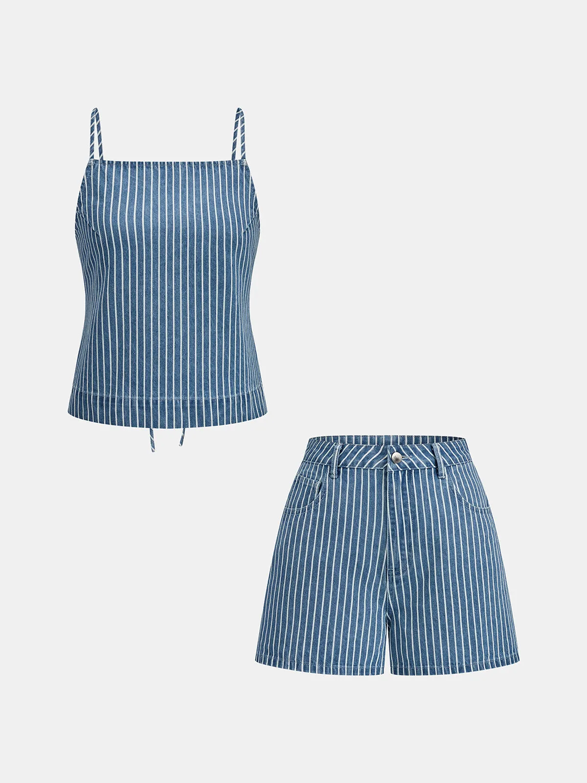Striped Denim Tie Back Cami Top & Short Set sold by COMMENSE product image thumbnail 2