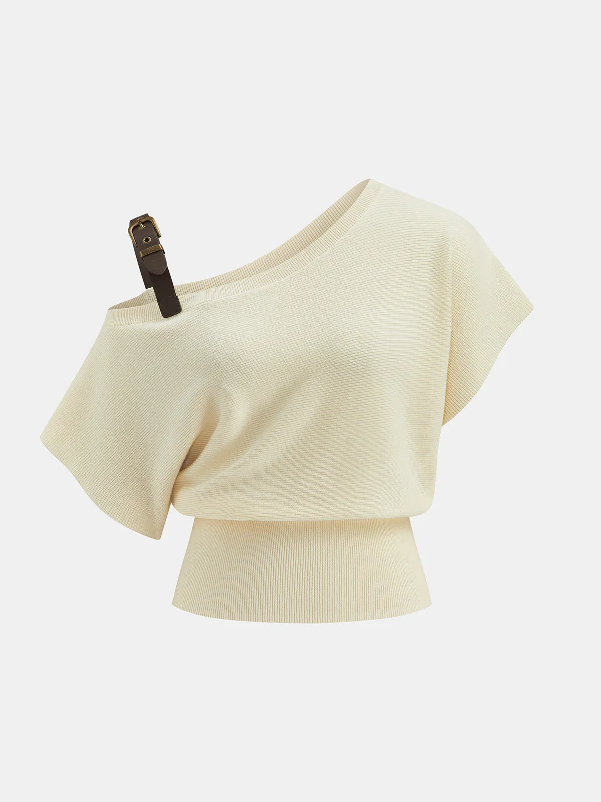 Buckle Strap Off Shoulder Ribbed Knit Top sold by COMMENSE