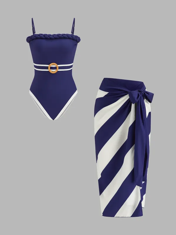 Braided Trim One Piece Swimsuit & Striped Sarong Set made by COMMENSE