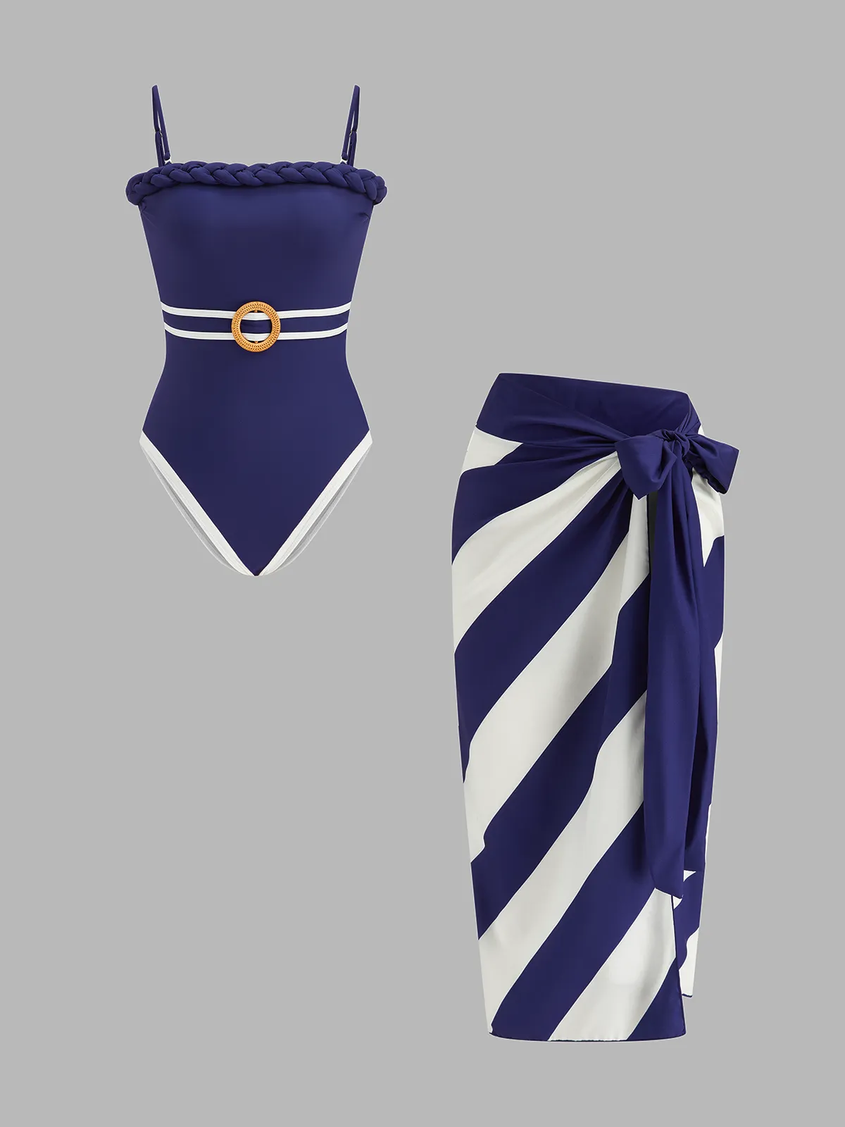 Braided Trim One Piece Swimsuit & Striped Sarong Set sold by COMMENSE