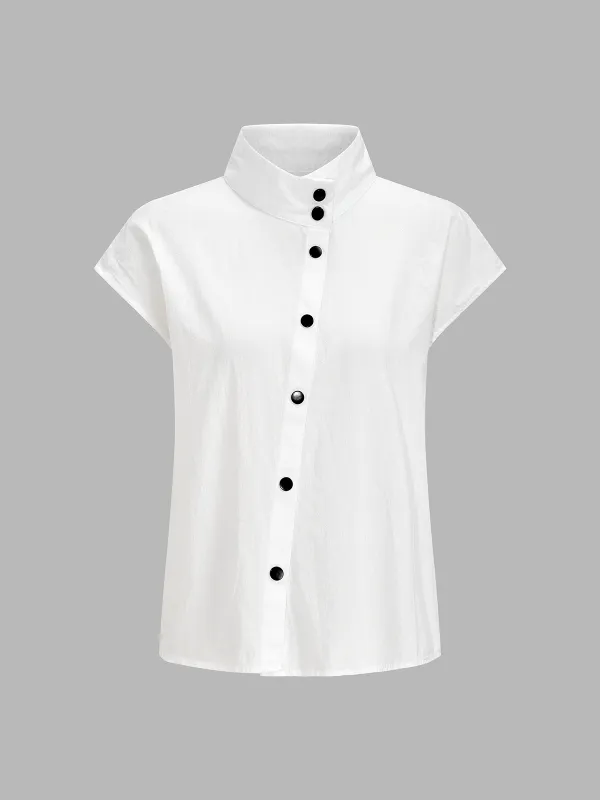 Cotton Blend Stand Collar Cap Sleeve Blouse made by COMMENSE
