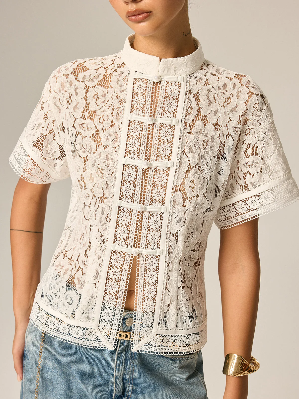 Frog Button Lace Short Sleeve Blouse sold by COMMENSE product image thumbnail 3
