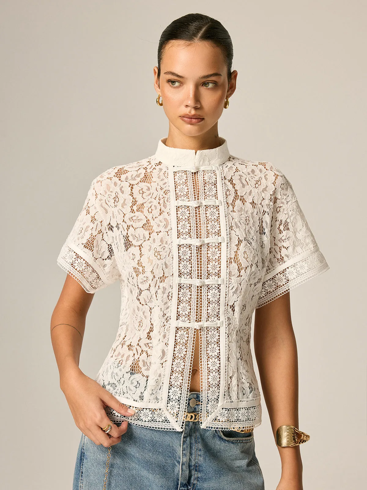 Frog Button Lace Short Sleeve Blouse sold by COMMENSE product image thumbnail 4