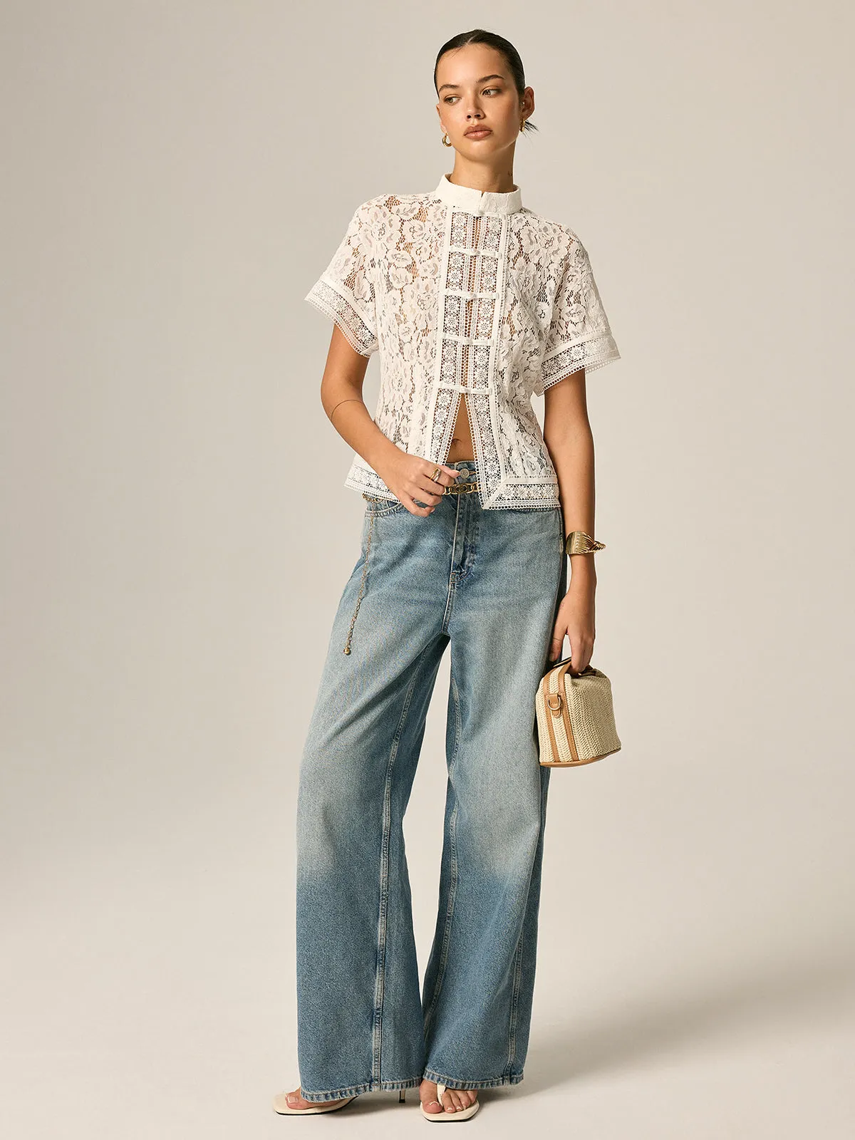 Frog Button Lace Short Sleeve Blouse sold by COMMENSE product image thumbnail 5