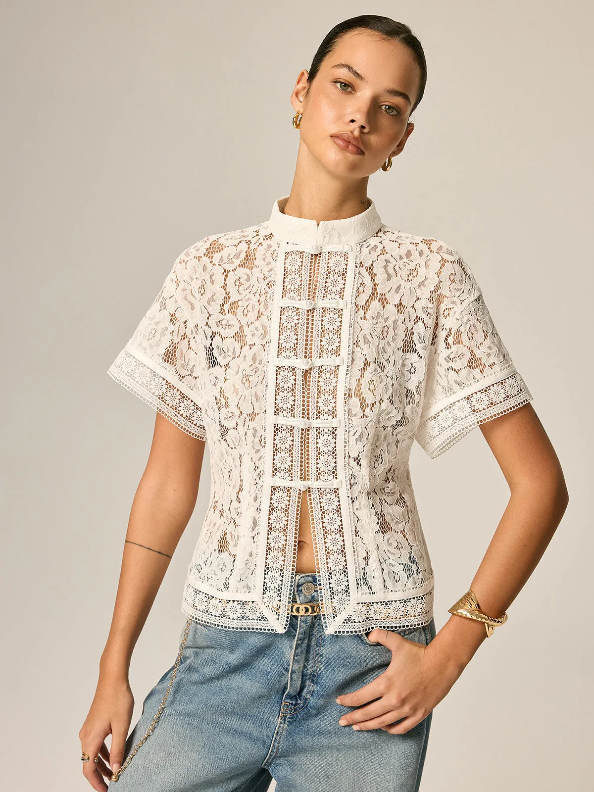 Frog Button Lace Short Sleeve Blouse sold by COMMENSE product image thumbnail 2