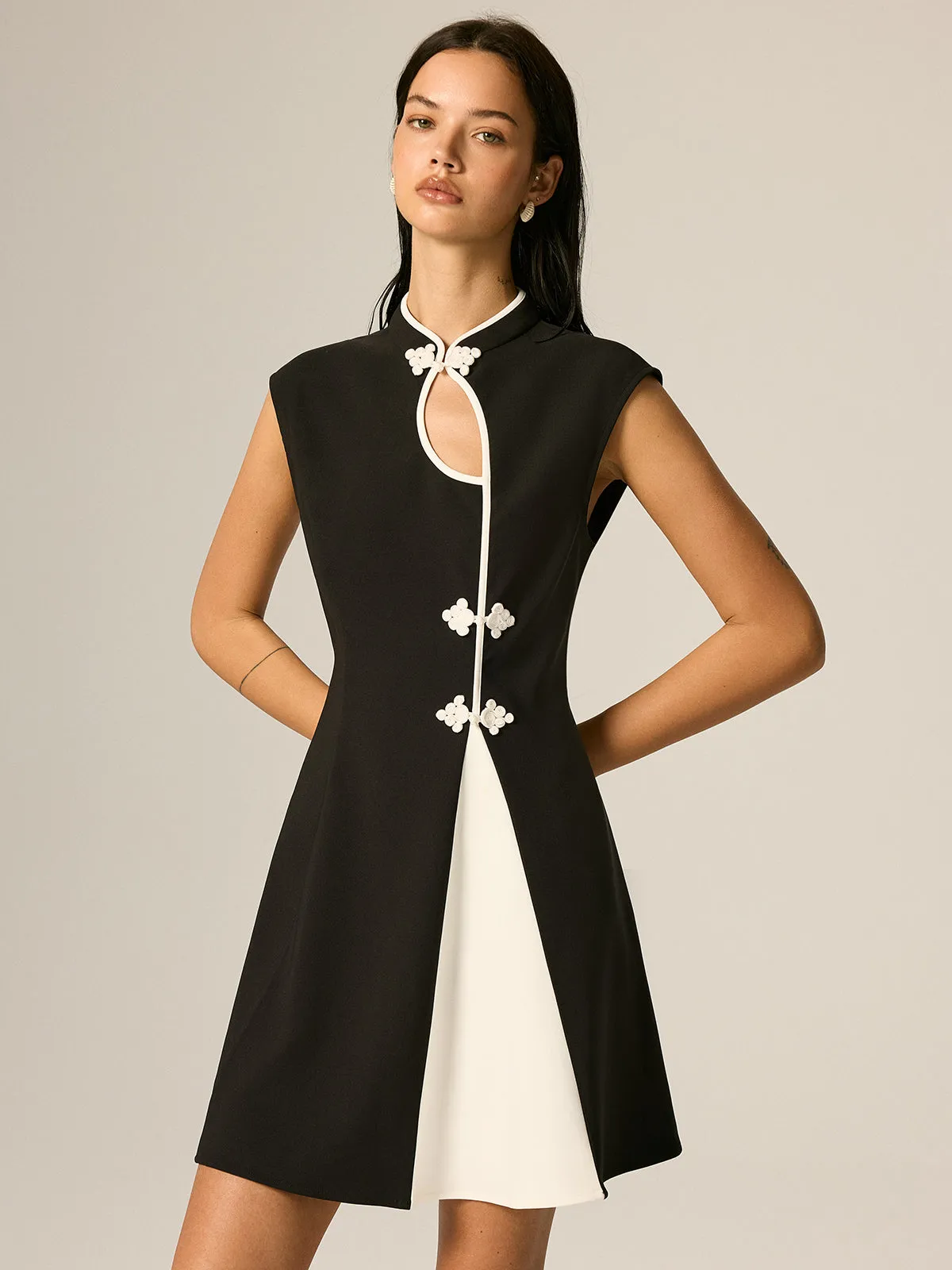 Frog Button Color Block A-Line Dress sold by COMMENSE product image thumbnail 2