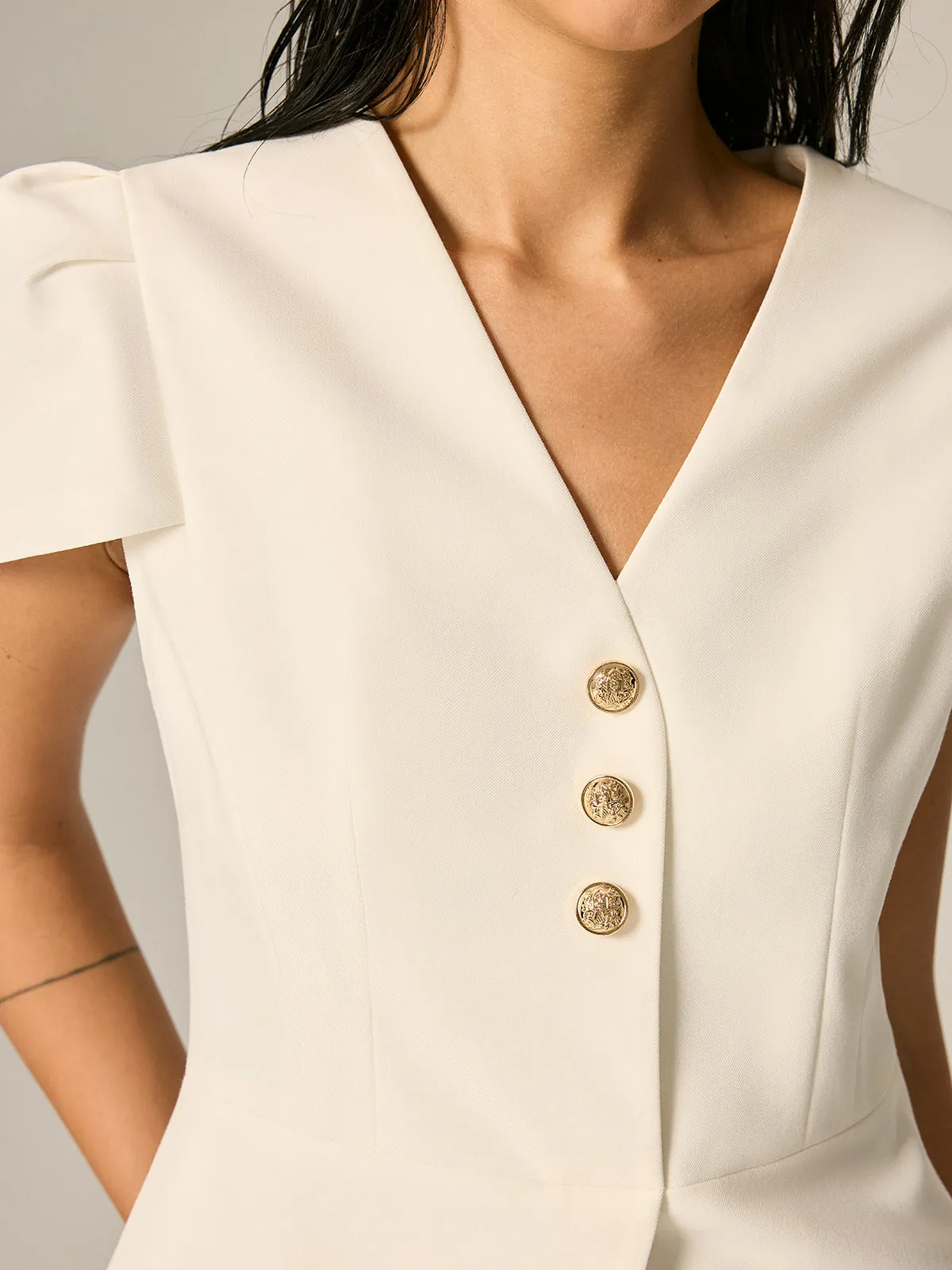 Puff Sleeve Peplum Metal Button Blouse sold by COMMENSE product image thumbnail 4