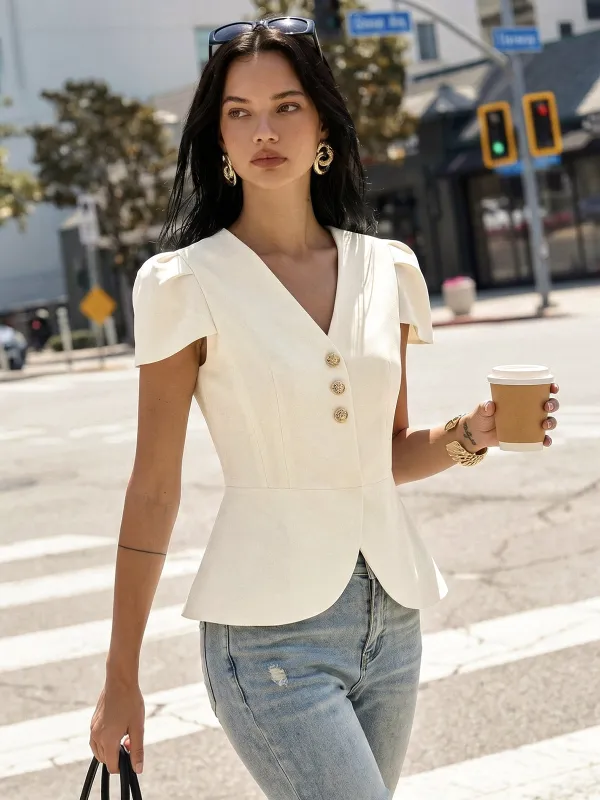 Puff Sleeve Peplum Metal Button Blouse made by COMMENSE