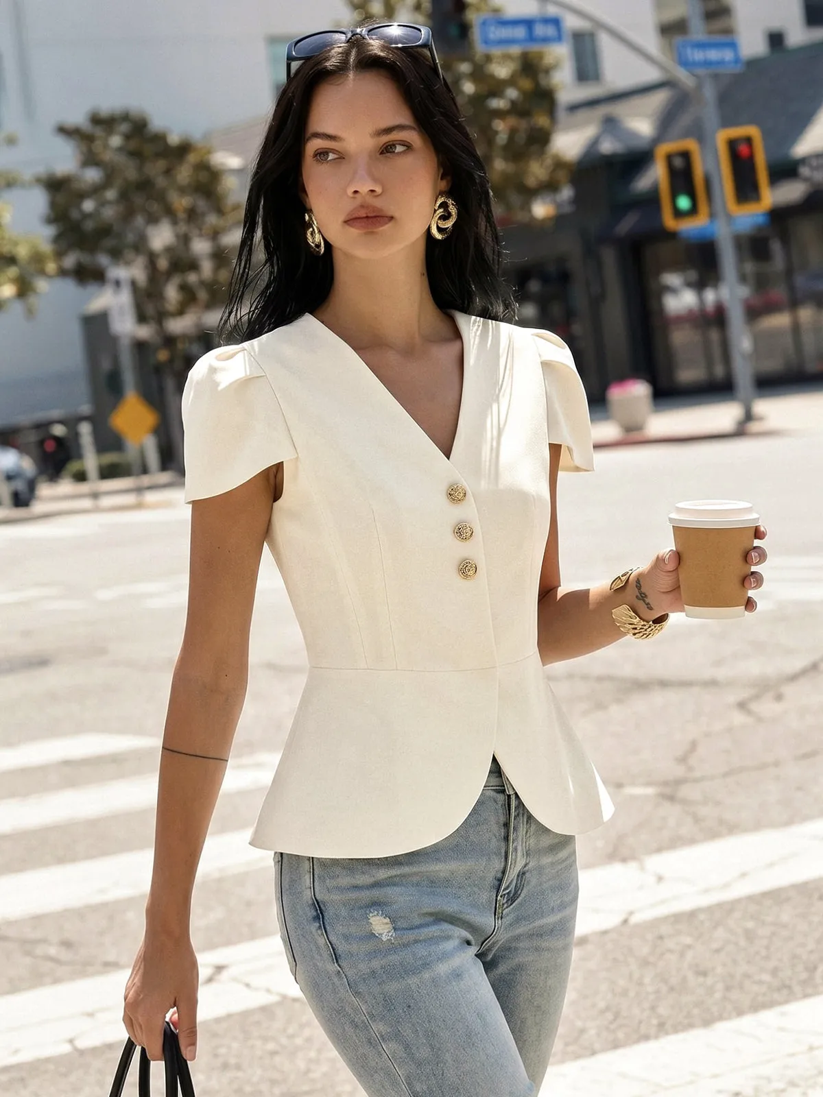 Puff Sleeve Peplum Metal Button Blouse sold by COMMENSE