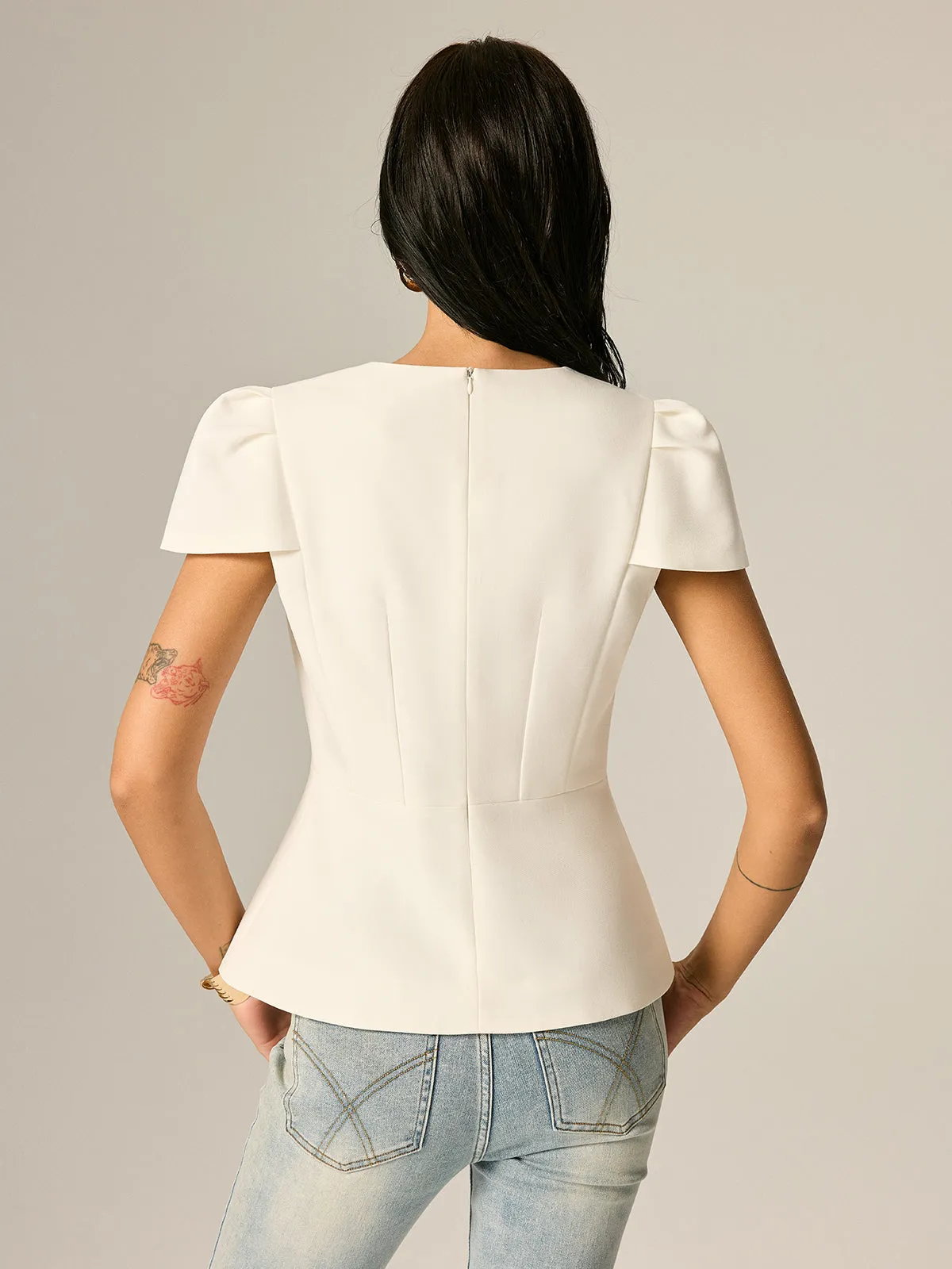 Puff Sleeve Peplum Metal Button Blouse sold by COMMENSE product image thumbnail 5