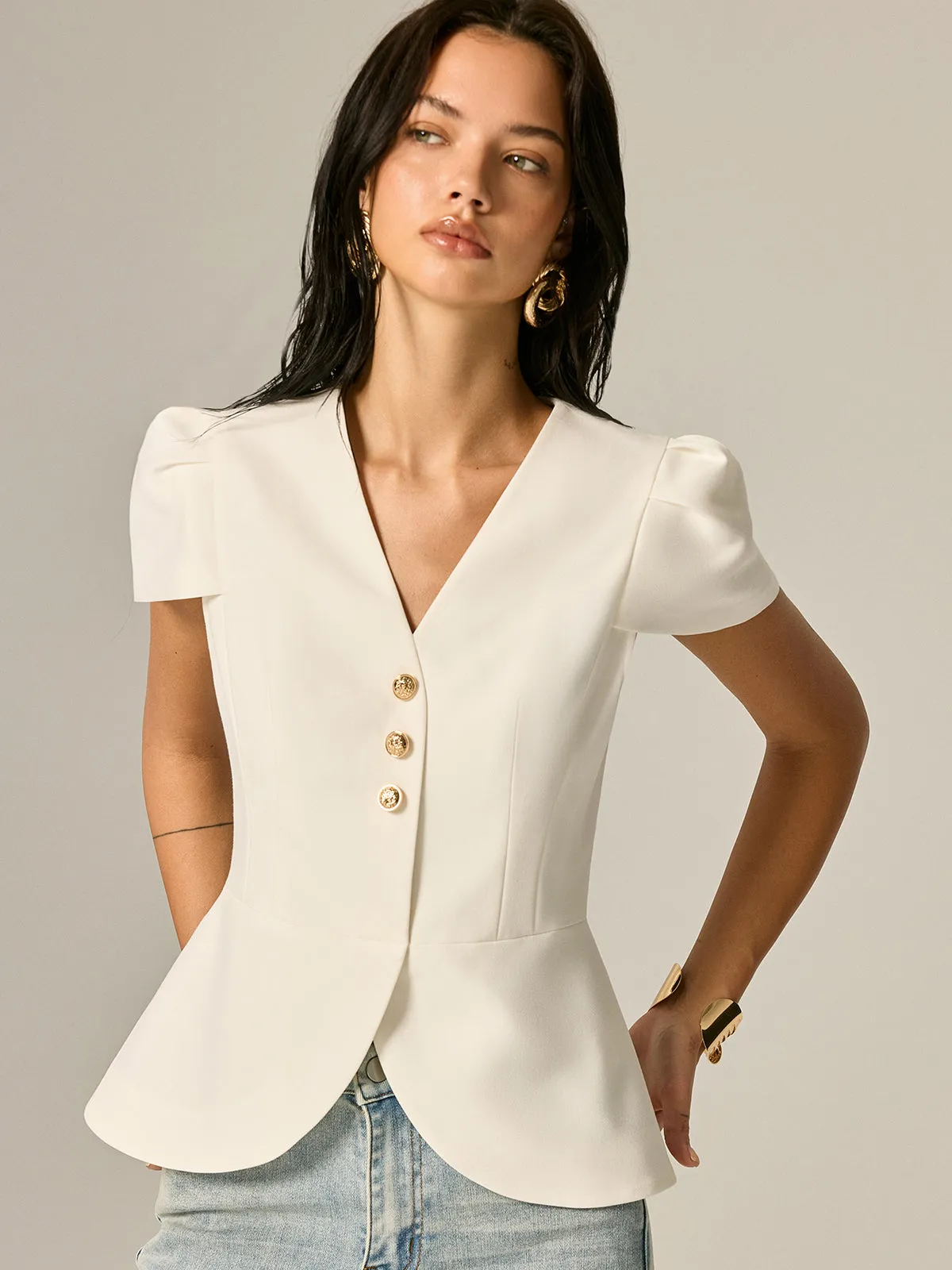 Puff Sleeve Peplum Metal Button Blouse sold by COMMENSE product image thumbnail 2