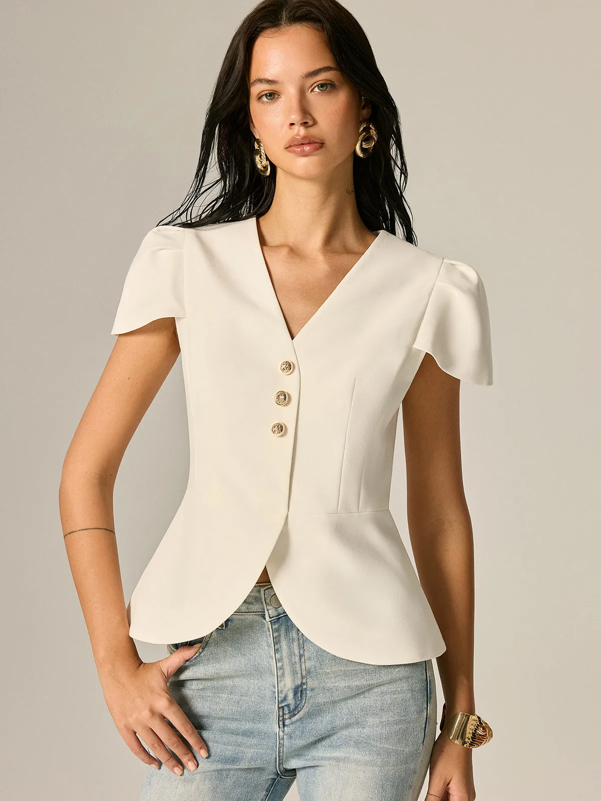 Puff Sleeve Peplum Metal Button Blouse sold by COMMENSE product image thumbnail 3