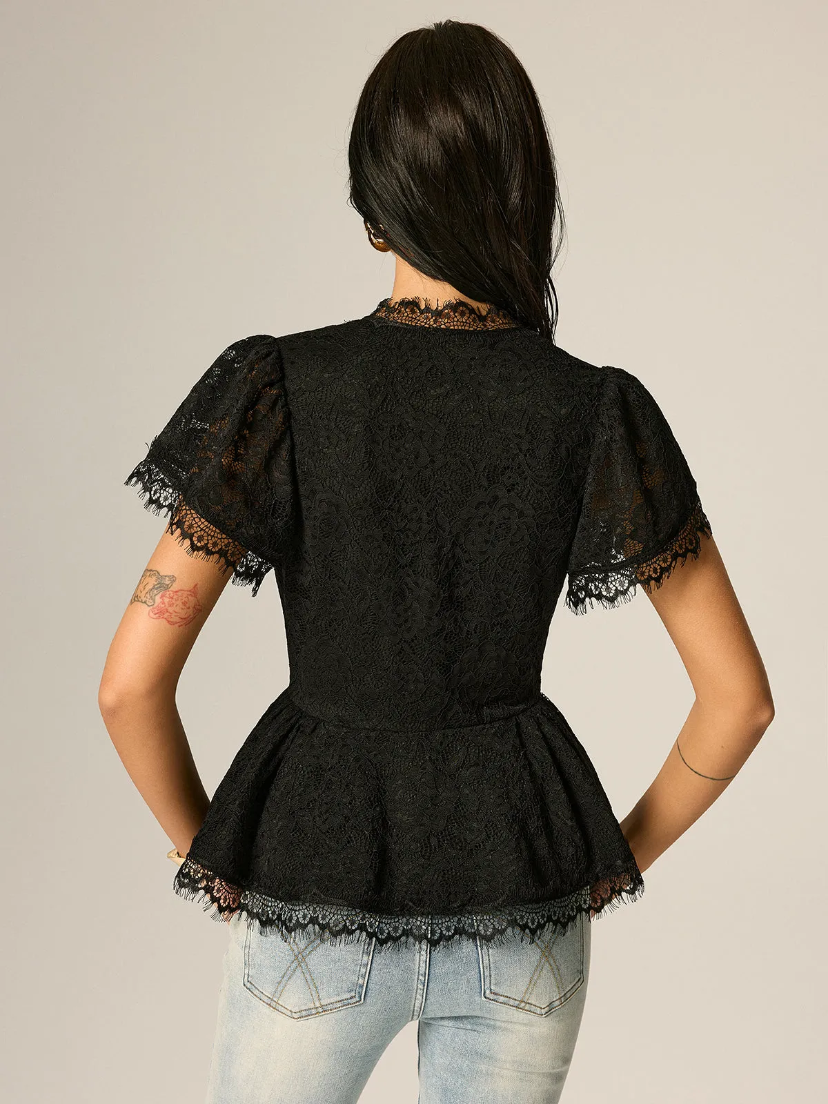 V-Neck Fringe Lace Peplum Short Sleeve Top sold by COMMENSE product image thumbnail 5