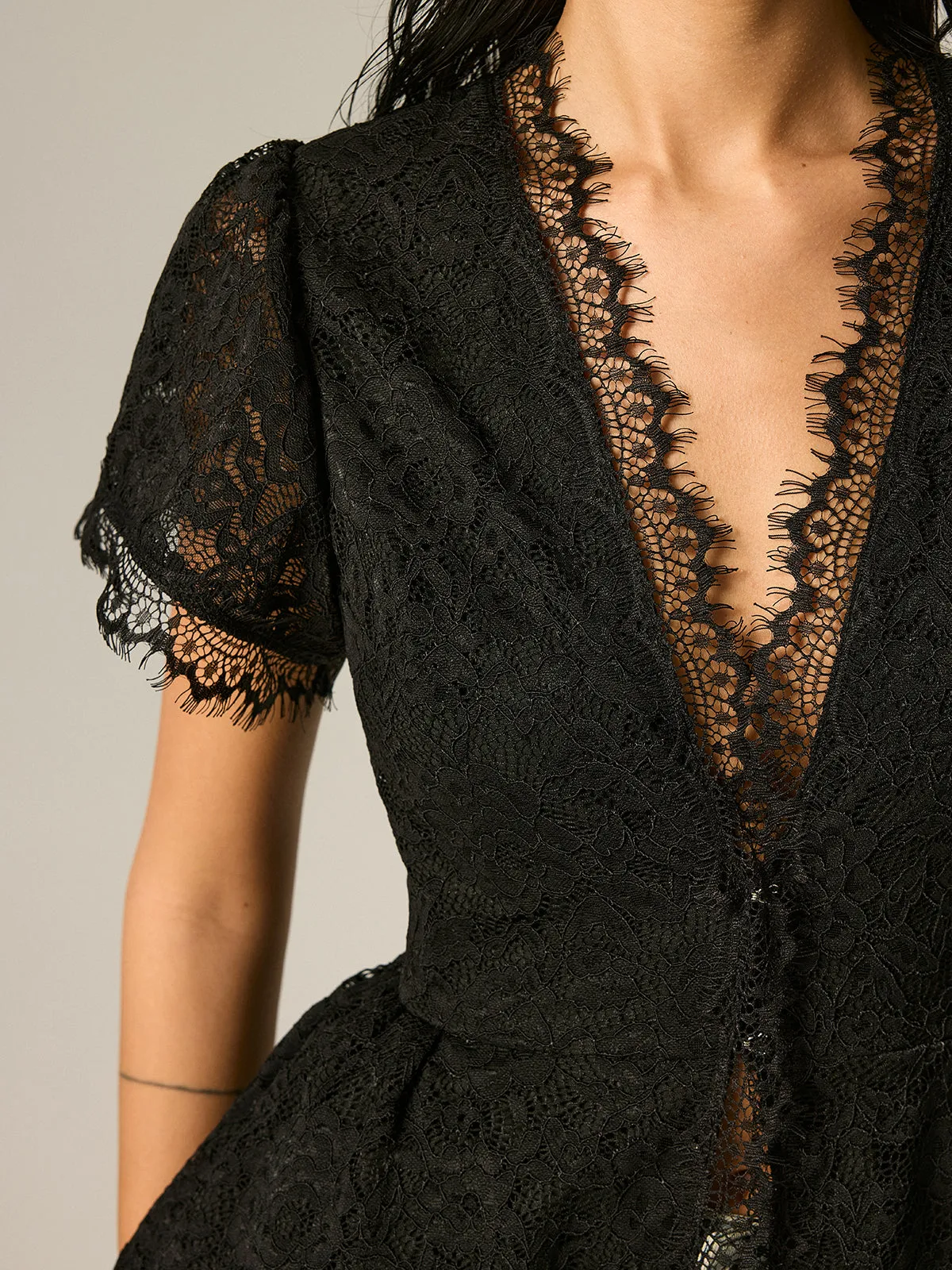 V-Neck Fringe Lace Peplum Short Sleeve Top sold by COMMENSE product image thumbnail 2