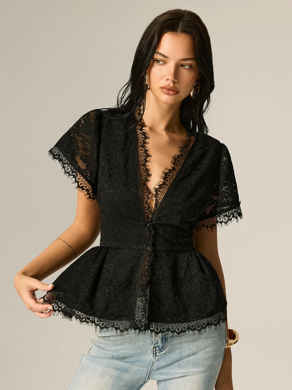 V-Neck Fringe Lace Peplum Short Sleeve Top sold by COMMENSE product image thumbnail 3