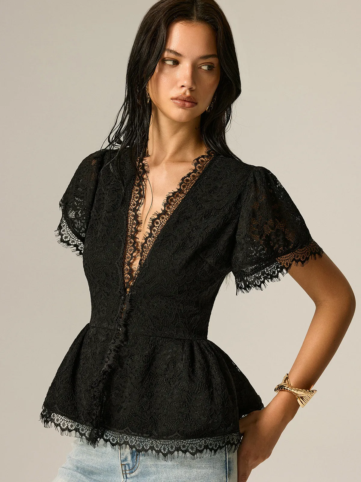 V-Neck Fringe Lace Peplum Short Sleeve Top sold by COMMENSE product image thumbnail 4