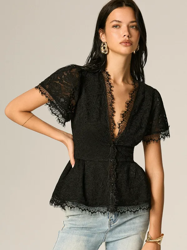 V-Neck Fringe Lace Peplum Short Sleeve Top made by COMMENSE