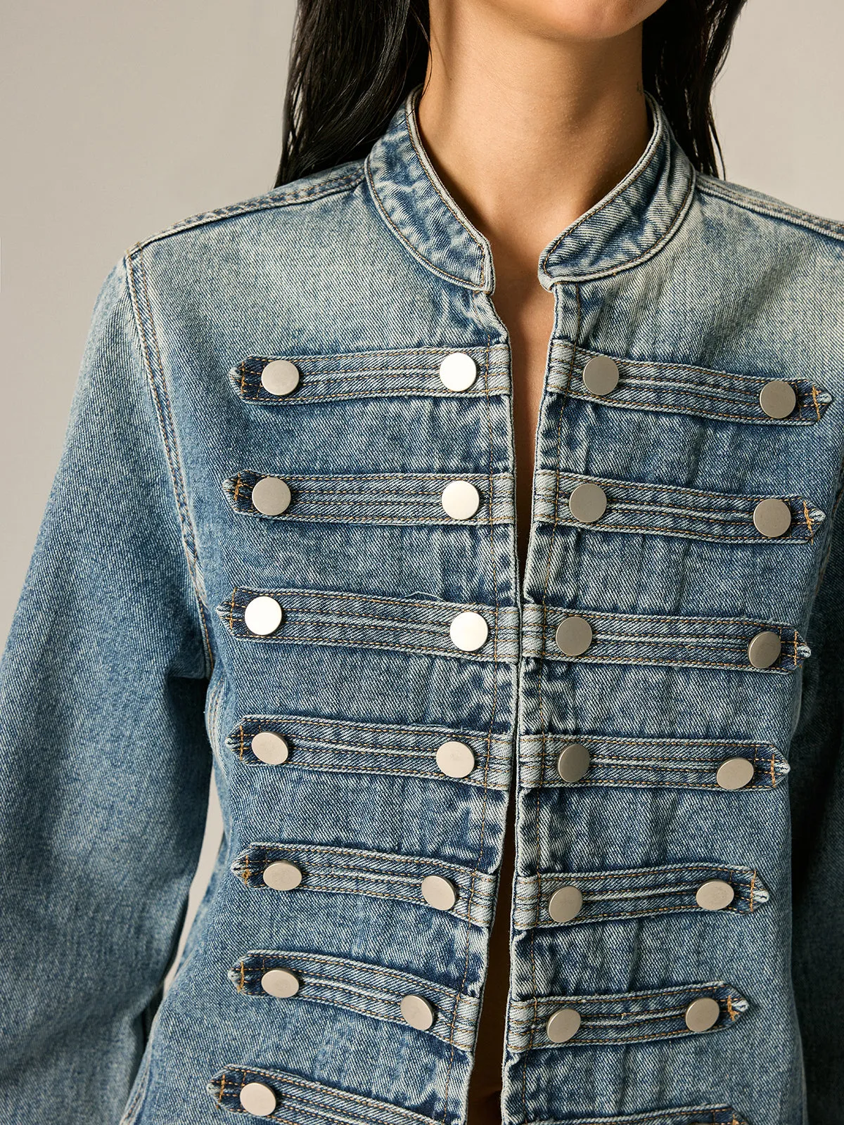 Napoleon Style Stand Collar Denim Jacket sold by COMMENSE product image thumbnail 4