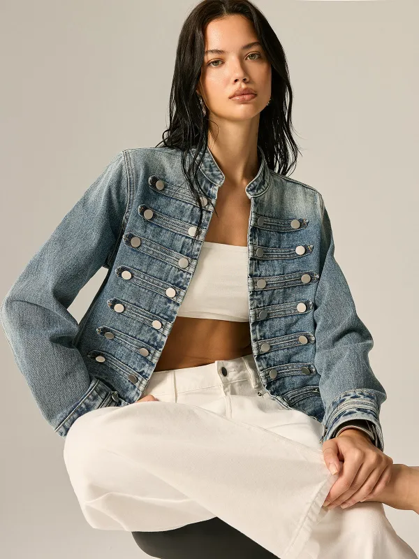 Napoleon Style Stand Collar Denim Jacket made by COMMENSE