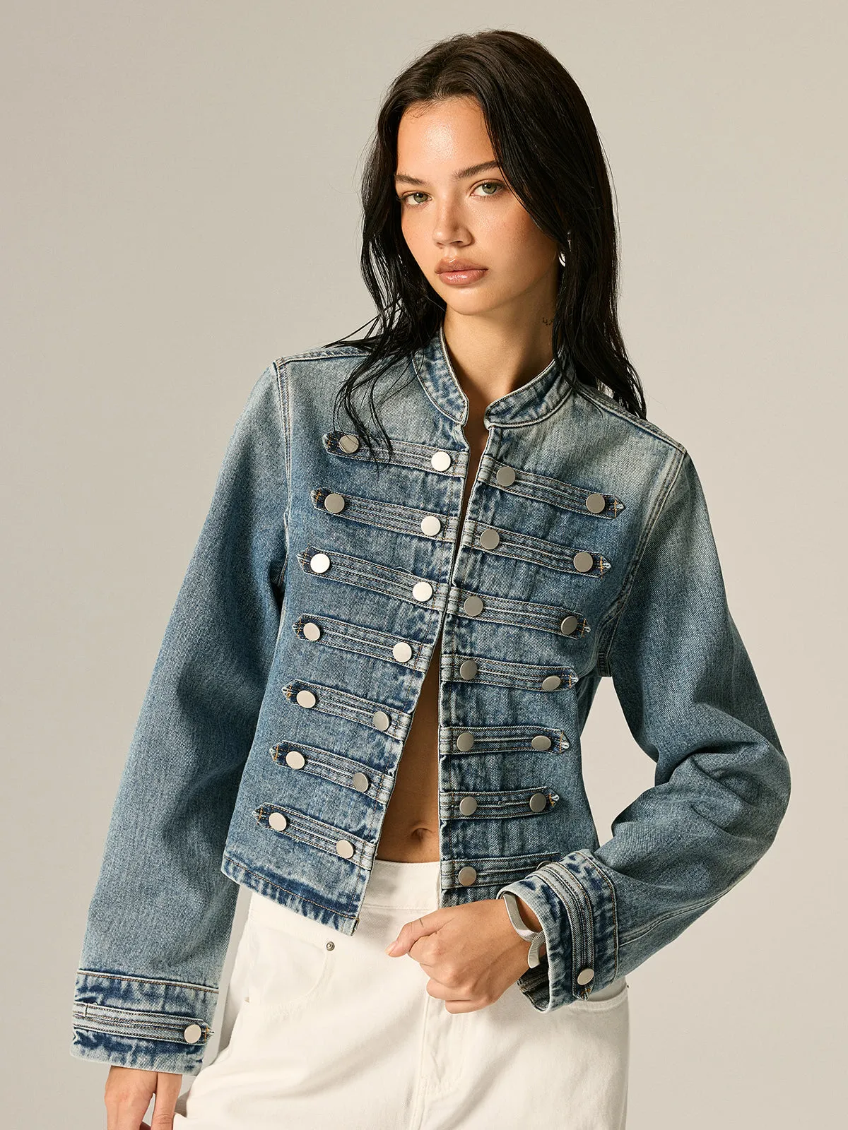 Napoleon Style Stand Collar Denim Jacket sold by COMMENSE product image thumbnail 5