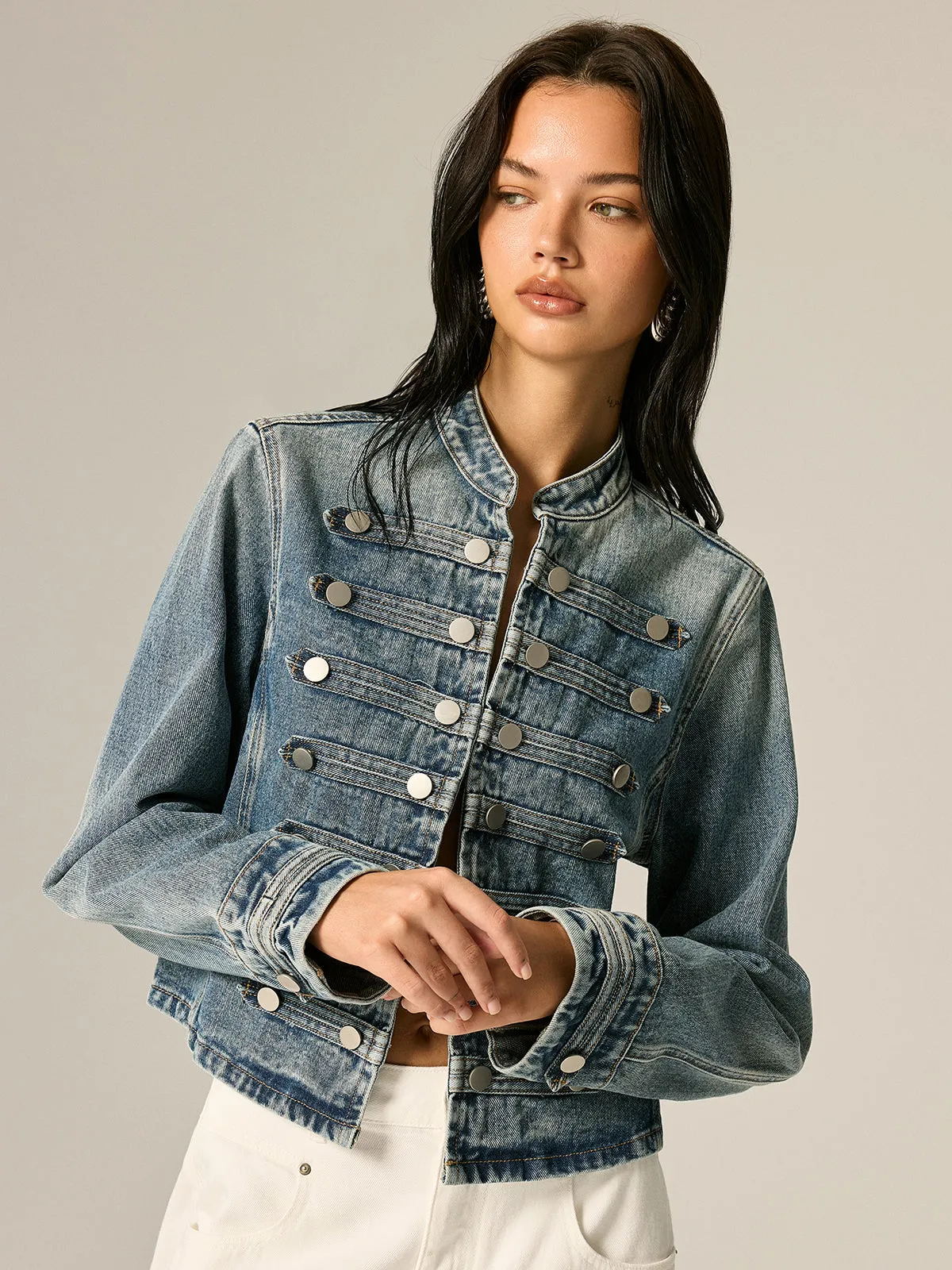 Napoleon Style Stand Collar Denim Jacket sold by COMMENSE product image thumbnail 3