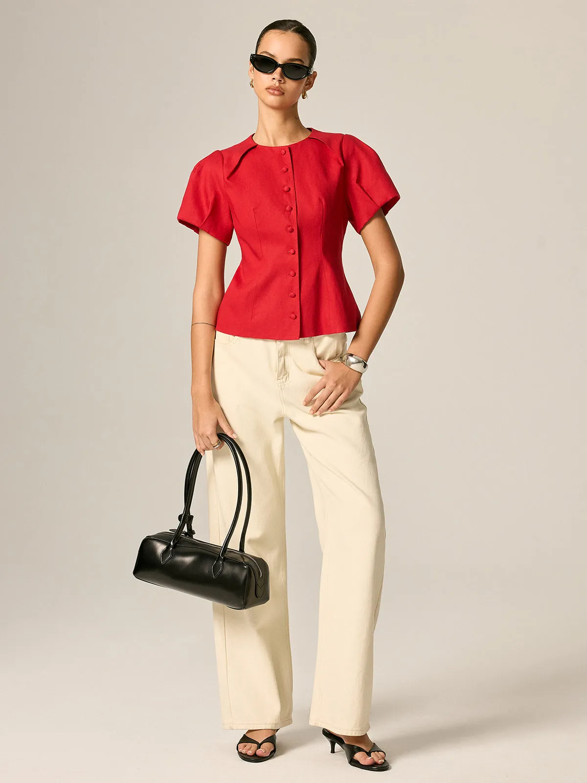 Puff Sleeve Fitted Linen Blend Blouse sold by COMMENSE product image thumbnail 3