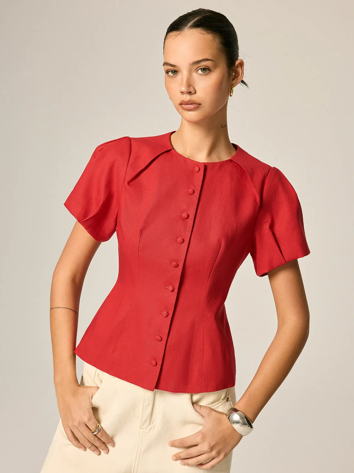 Puff Sleeve Fitted Linen Blend Blouse sold by COMMENSE product image thumbnail 4
