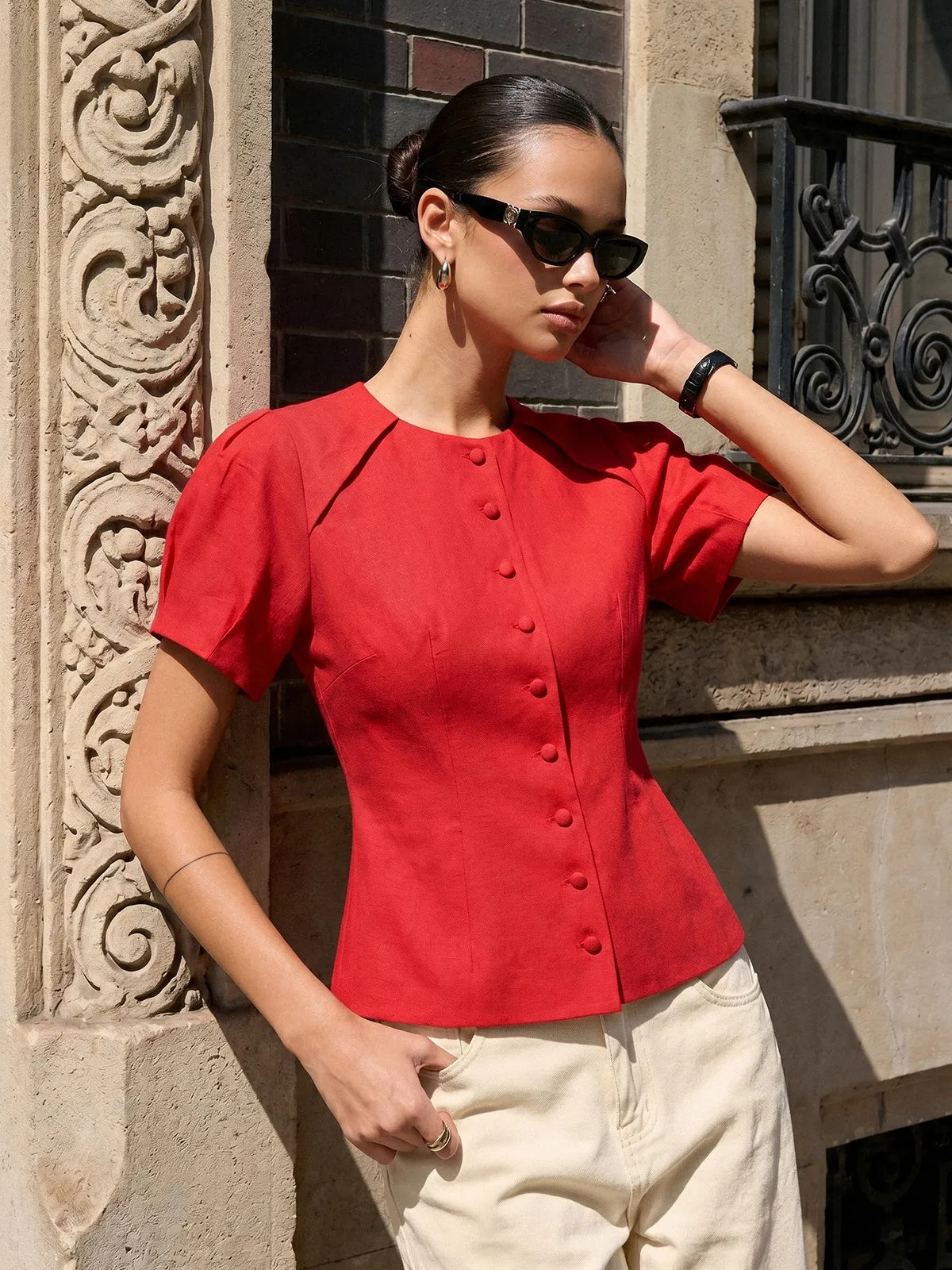 Puff Sleeve Fitted Linen Blend Blouse sold by COMMENSE