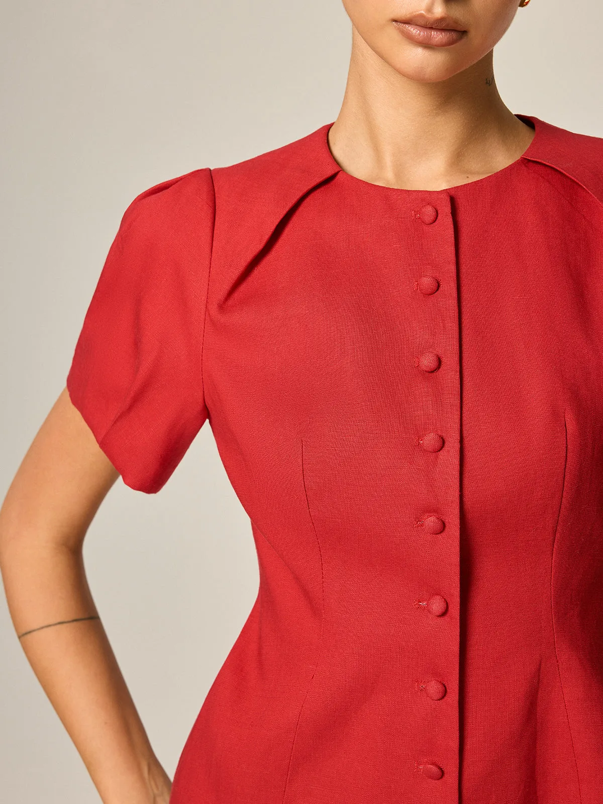 Puff Sleeve Fitted Linen Blend Blouse sold by COMMENSE product image thumbnail 5